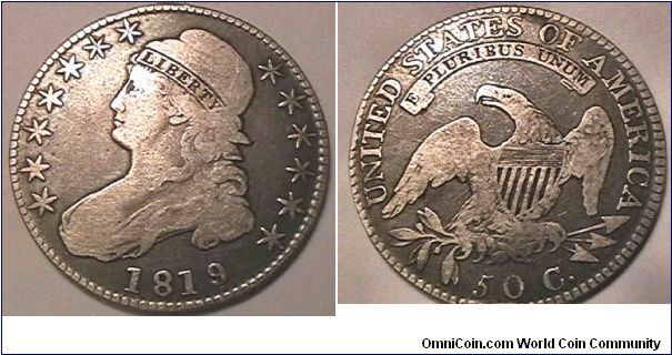 1819, 9 over 8, Cap Bust Half Dollar, .8920 silver, .3869 oz ASW. Overton# O-101