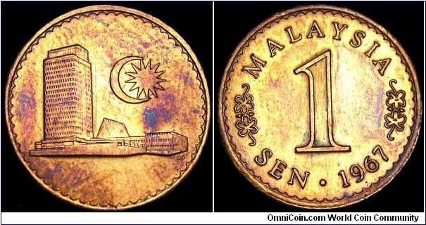Malaysia - 1 Sen - 1967 - Weight 1,9 gr - Bronze - Size 18 mm - Object / Parlament House - Designer / Geoffrey Colley - Mintage 45 000 000 - Edge : Plain - Reference KM# 1