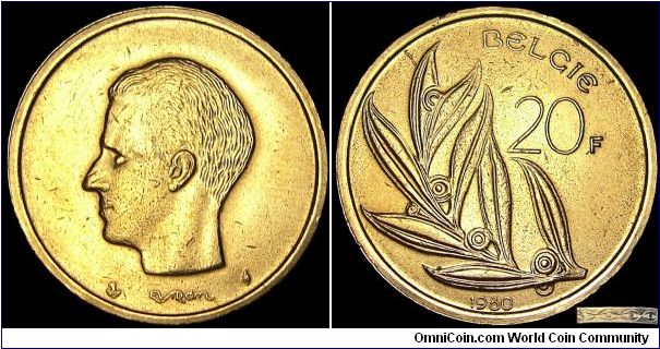 Belgium - 20 Francs /20 Frank - 1980 - Weight 8,5 gr - Nickel / Bronze - Size 25,65 mm - Designer / Harry Elstrom - Edge special see picture - Reference KM# 160