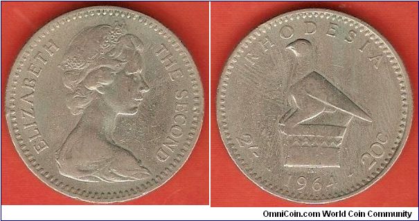 2 shillings / 20 cents
Elizabeth II by Arnold Machin
Zimbabwe bird
copper-nickel