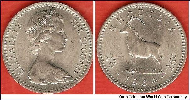 2 shillings 6 pence (halfcrown)/ 25 cents
Elizabeth II by Arnold Machin
sable antelope
copper-nickel
