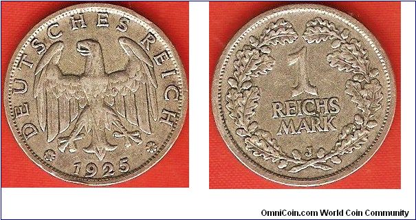 Weimar Republic
1 reichsmark
J = Hamburg Mint
0.500 silver