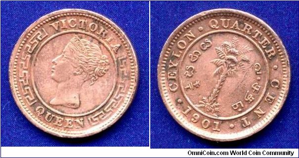 1/4 cent.
British Ceylon.
Victoria (1837-1901) Queen.
Mintage 216,000 units.


Cu.