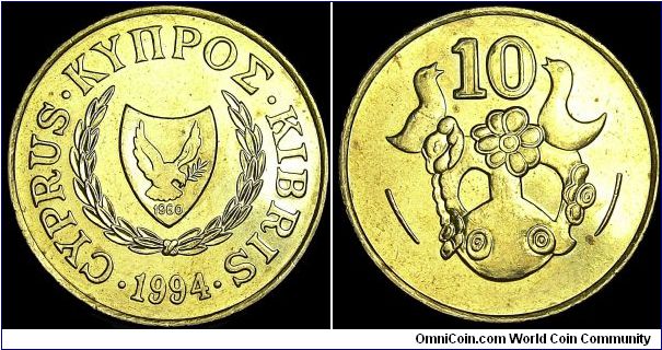 Cyprus - 10 Cents - 1994 - Weight 5,4 gr - Nickel / Brass - Size 25 mm - Mintage 8 000 000 - Edge : Reeded - Reference KM# 56.3