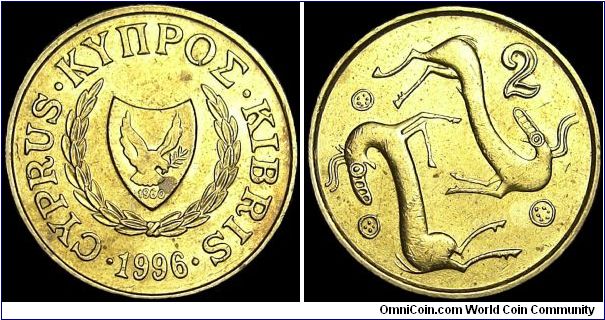 Cyprus - 2 Cent - 1996 - Weight 2,5 gr - Nickel / Brass - Size 19 mm - Mintage 12 000 000 - Edge : Plain - Reference KM# 54.3
