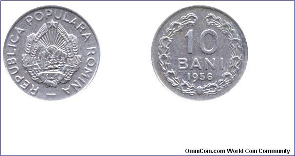 Romania, 10 bani, 1956, Cu-Ni, People's Republic of Romania.                                                                                                                                                                                                                                                                                                                                                                                                                                                        