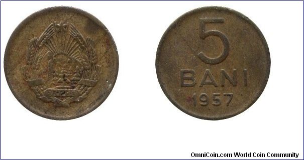 Romania, 5 bani, 1957, Al-Bronze.                                                                                                                                                                                                                                                                                                                                                                                                                                                                                   