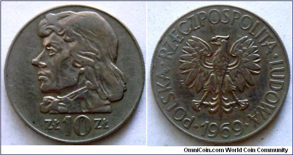 10 zlotych. 1969,
Tadeusz Kosciuszko.
Cu-ni. Weight 9,5g.
Diameter 28mm. Mintage 5.428.000 units