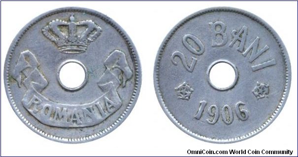 Roania, 20 bani, 1906, Cu-Ni, holed.                                                                                                                                                                                                                                                                                                                                                                                                                                                                                