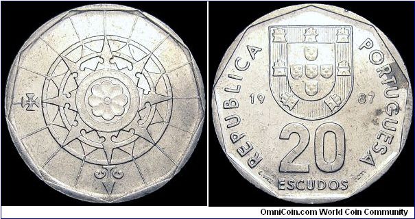 Portugal - 20 Escudos - 1987 - Weight 6,9 gr - Copper / Nickel - Size 26,5 mm - Designer / Euclides Vaz - Mintage 68 216 000 - Edge : Milled - Reference KM# 634