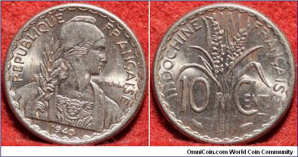 French Indo-china magnetic nickel 10 Cents, common. BU.