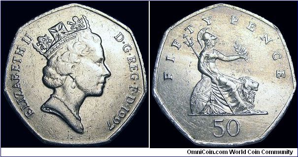 United Kingdom - 50 Pence - 1997 - Weight 8 gr - Copper / Nickel - Size 27,3 mm - Ruler / Elizabeth II - Designer Obverse / Raphael Maklouf - Designer Reverse / Christopher Ironside - Mintage 456 364 000 - Shape : 7-Sided - Edge : Plain - Reference KM# 940.2