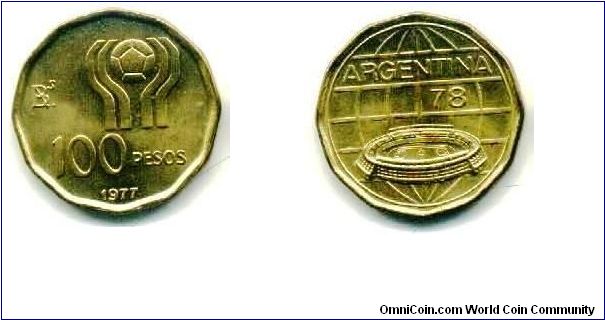 Argentina 1977 100Pesos coin for the 1978 Football
25.7mm diameter
