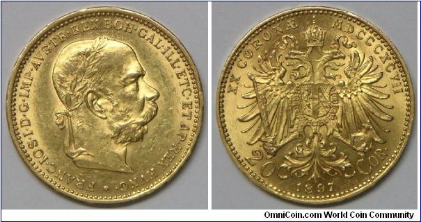 Franz Joseph I, 20 Corona, 1897. 6.78g, 0.9000 Gold, .1960 Oz. AGW., 21mm. Good extremely fine.