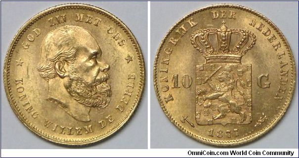 William III, 10 Gulden, 1877. 6.73g, 0.9000 Gold, .1947 Oz. AGW. Obverse: Crowned weapon, 10-G flanking, date under weapon. Edge: Reeded. Mintage: 1,108,149 units. Choice Lustrous AU to UNC. [SOLD]
