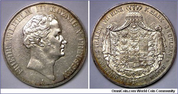 German States - Prussia, Friedrich Wilhelm III, Doppeltaler or 2 Thaler (3-1/2 Gulden). 1840A. 37g, 0.9000 Silver, 1.0742 Oz. ASW. Mintage: 1,472,000 units. Lightly Cleaned and Hairlines. About Extra Fine or better.