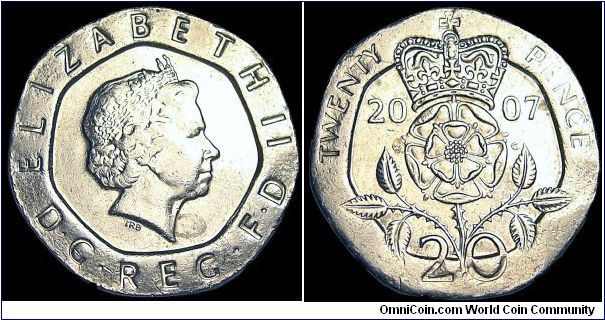 United Kingdom - 20 Pence - 2007 - Weight 5 gr - Copper / Nickel - Thickness 1,7 mm - Size 21,4 mm - Ruler / Elizabeth II - Designer Obverse / Ian Rankin-Broadley - Designer Reverse / William Gardner - Edge : Plain - Shape : 7-Sided - Reference KM# 990 (1998-)