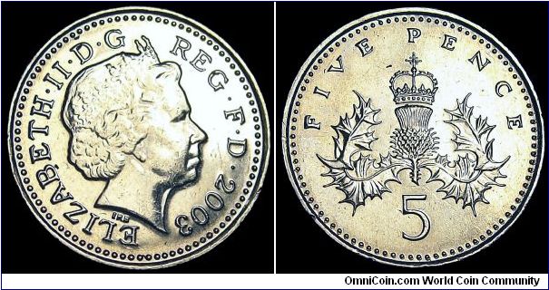 United Kingdom - 5 Pence - 2003 - Weight 3,25 gr - Copper / Nickel - Size 18 mm - Ruler / Elizabeth II - Designer Obverse / Ian Rank-Broadley - Designer Reverse / Christopher Ironside - Edge : Milled - Reference KM# 988