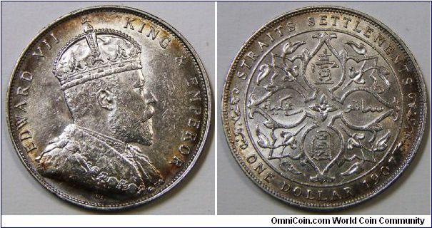 Straits Edward VII Dollar 1907. AU.