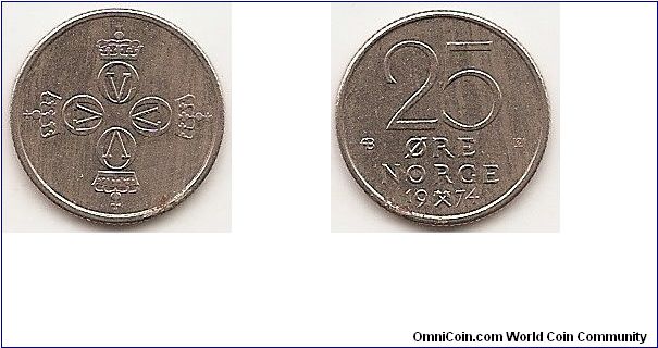 25 Ore
KM#417
2.0000 g., Copper-Nickel, 17 mm. Ruler: Olav V Obv: Crowned monograms in cross formation Rev: Value