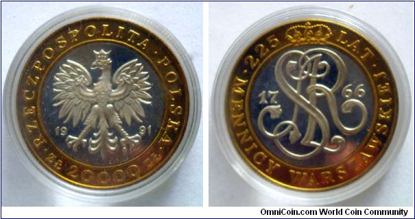 20000 zlotych.
225 years of Warsaw Mint. Bimetal.
Weight 9,45g. Diameter 32,1mm.
Mintage 100.000 units.