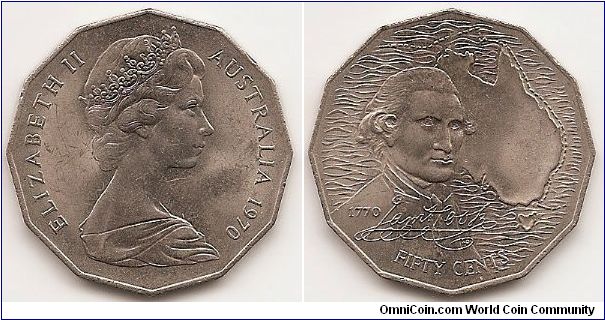 50 Cents
KM#69
15.5500 g., Copper-Nickel, 31.5 mm. Ruler: Elizabeth II Subject: 200th Anniversary - Cook's Australian Voyage Obv: Young bust right Rev: Bust of Captain Cook at left, map of Australia at right
