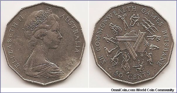 50 Cents
KM#74
15.5500 g., Copper-Nickel, 31.5 mm. Ruler: Elizabeth II Subject: XII Commonwealth Games - Brisbane Obv: Young bust right Rev: Circle of images representing different sporting events