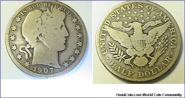 1907-D Barber Half Dollar, .900 silver, .3618 oz ASW, G-6