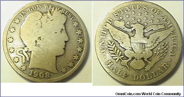 1908-D Barber Half Dollar, .900 silver, .3618 oz ASW, G-6