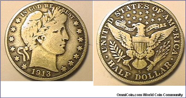 1913-S Barber Half Dollar,.900 silver, .3618 oz ASW, VG-10