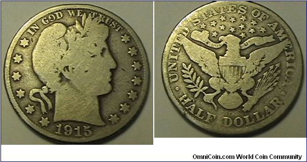 1915-D Barber Half Dollar, .900 silver, .3618 oz ASW, G-6