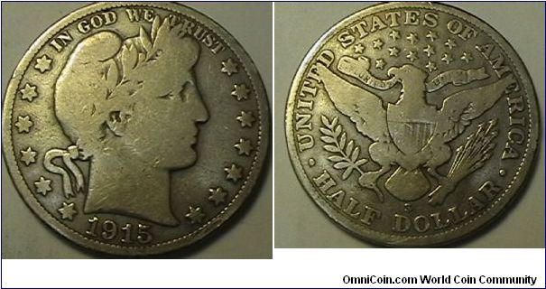 1915-S Barber Half Dollar, .900 silver, .3618 oz ASW, G-6