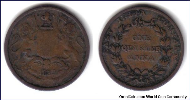 India, East India Company, 1/4 Anna, 'c' mint, Small legend, 1835