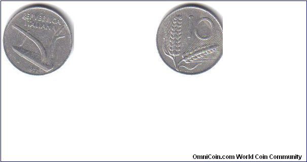 Italy, 10 Lire, 'R', 1972