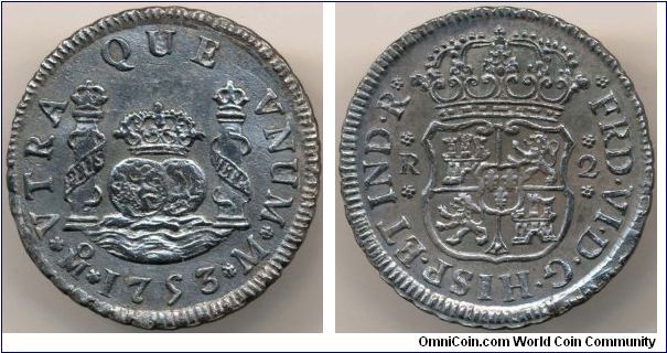 1753 Mexico 2 Reales, a nice high end near mint state example with blue toned.