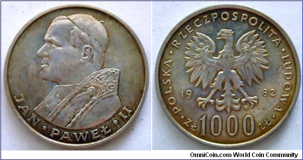 1000 zlotych.
1982, Pope John Paul II. Ag625. Weight 14,5g. Diameter 31mm.