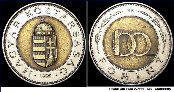 Hungary - 100 Forint (Szaz) - 1996 - Weight 8 gr - Bi-Mettalic-Brass in stainless steel ring - Size 23,6 mm - Mintage 35 001 000 - Edge : Reeded - Reference KM# 721