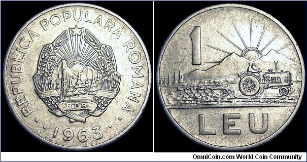 Romania - 1 Leu - 1963 - Weight 5,06 gr - Nickel clad steel - Size 24,6 mm - President / Gheorghe Gheorghiu-Dej - Designer / H. Ionescu - Edge : Plain - Reference KM# 90