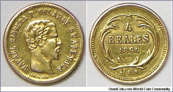 Gold 4 Reales (Cuatro) 1864 R, 0.61g, 0.8750 Gold, .0238 oz. AGW. aEF. Very small size..