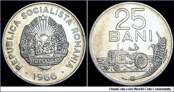 Romania - 25 Bani - 1966 - Weight 3,38 gr - Nickel clad steel - Size 22 mm - President / Chivu Stoica - Edge : Plain - Reference KM# 94