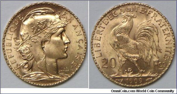 Modern Republic, 20 Francs, 1909 (Restrike). 6.43g, 0.9000 Gold, 0.1867 oz. AGW. Choice BU. [SOLD]