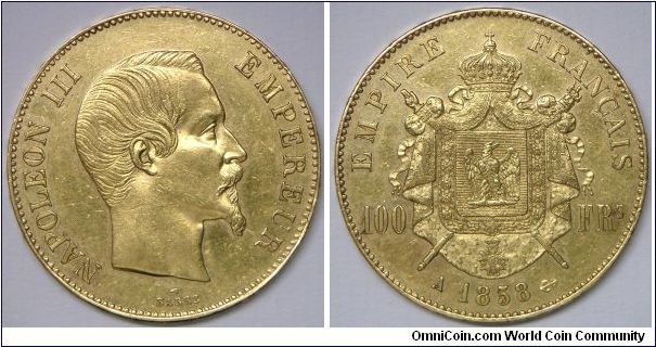 Second Empire: Emperor Napoleon III, 100 Francs, 1858A. 32.21g, 0.9000 Gold, .9335 Oz. AGW. Mintage: 92,000 units. Mint: Paris. Choice EF.