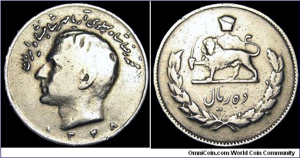 Iran - 10 Rials - SH 1348 / 1969 - Weight 6,8 gr - Copper / Nickel - Size 28 mm - Regent / Shah Mohammad Reza Pahlavi - Mintage 7 156 000 - Edge : Reeded - Reference KM# 1178