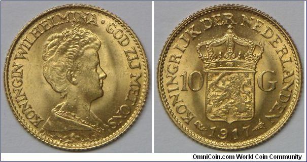 Wilhelmina I 10 Gulden 1917. 6.71g, 0.9000 Gold, .1947 oz. AGW., 22.5mm. Mintage: 4,000,000 units. Choice BU. [SOLD]
