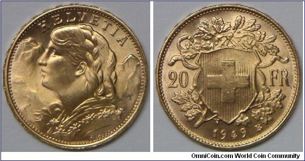 Confederation, 20 Francs, 1949B. 6.44g, 0.9000 Gold, .1867 oz. AGW. Mintage: 10,000,000 units. Gem BU. [SOLD]