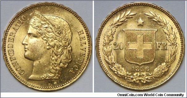 Confederation, 20 Francs, 1896B, 6.42g, 0.9000 Gold, .1867 oz. AGW. Mintage: 400,000 units. No wear evidence found under x20 lens. Choice BU.