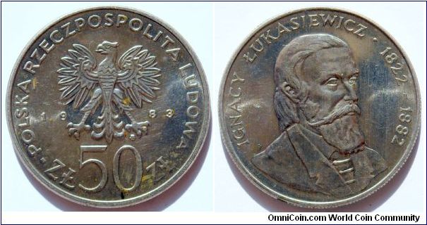 50 zlotych.
1983, Ignacy Lukasiewicz (1822-1882). Cu-ni.
Weight 11,7g. Diameter 30,5mm.
Mintage 611.700 units.