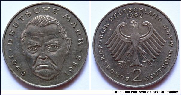 2 mark.
1992, Ludwig Wilhelm Erhard (1897-1977). Anniversary of Federal Republic.
Mintmark 'D' (Munich)