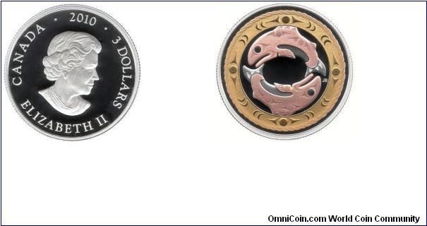 2010 3 Dollars .9999 silver ively plated in yellow and pink gold - Return of the Tyee (Chinook salmon)