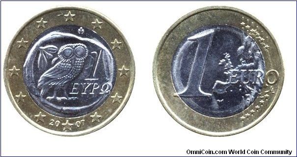 Greece, 1 euro, 2007, Ni-Brass-Cu-Ni, 23.25mm, 7.5g, bi-metallic, Owl, like on the drachma coin of Athens, from the V. BC. New map of Europe.                                                                                                                                                                                                                                                                                                                                                                       